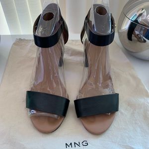 Mango MNG Black Leather Sandals Heel Strap 37